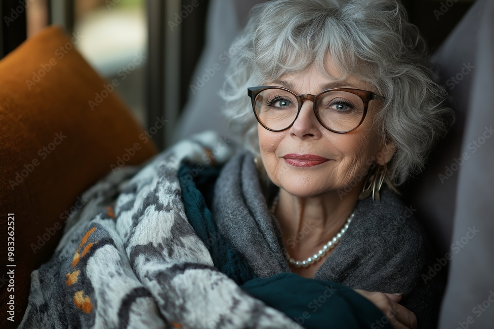 Refined elderly woman with silver hair and elegant glasses, sitting in a cozy modern living room, looking out the window with a soft smile Refined elderly woman with silver hair and elegant glasses, sitting in a cozy modern living room, looking out the window with a soft smile