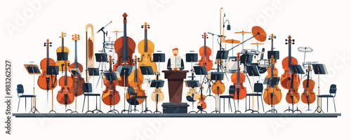 Orchestra instruments and conductor's podium on a clean white surface. Vector flat isolated illustration.