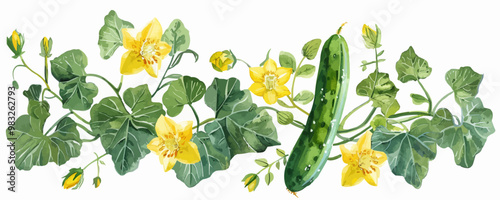 Hand drawn illustration of cucumbers and flowers on branch. vector simple illustration