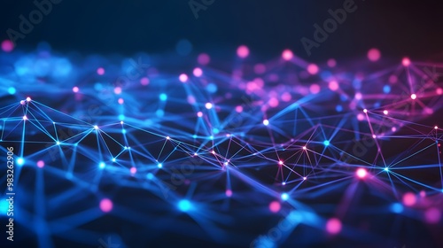 Vibrant abstract network with glowing neon pink and blue nodes connected by lines, symbolizing digital communication, data flow, and technology.