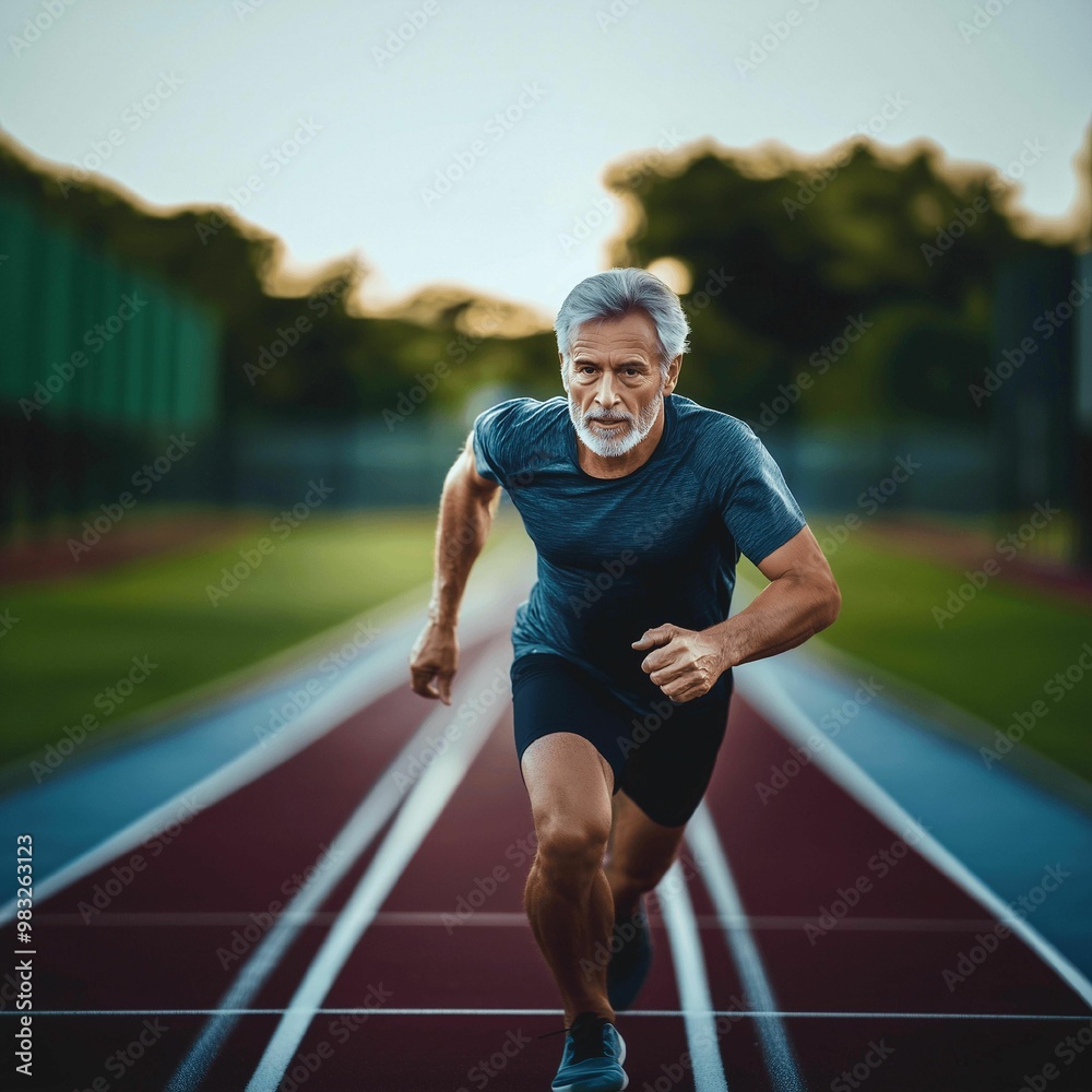 Obraz premium Middle-aged man running in the stadium