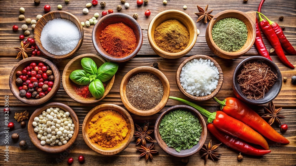Aromatic Assortment of Spices and Herbs for Culinary Delights a variety of spices and herbs arranged on a dark, circular stone surface. Small bowls contain ingredients Various spices and herbs in bowl Aromatic Assortment of Spices and Herbs for Culinary Delights a variety of spices and herbs arranged on a dark, circular stone surface. Small bowls contain ingredients Various spices and herbs in bowl