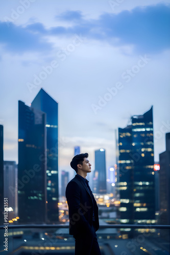 穿着正装的年轻男子站在屋顶上，背景为黄昏城市天际线。