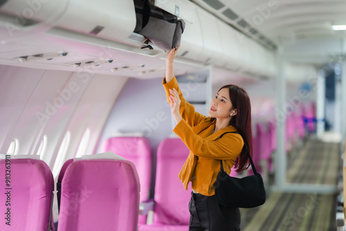 Boarding Pass, Overhead Compartment, and a Smile: A young woman effortlessly places her luggage in the overhead bin, ready to embark on her journey.  photo