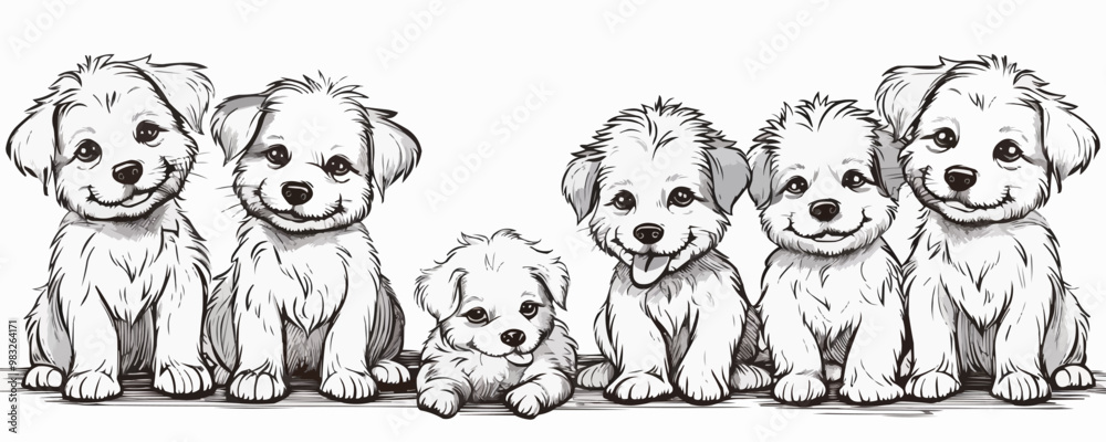 Obraz premium Cute doodle dog. Line black and white funny puppies. Isolated on a white background.. vector simple illustration