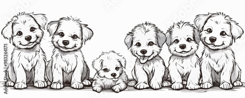 Cute doodle dog. Line black and white funny puppies. Isolated on a white background.. vector simple illustration