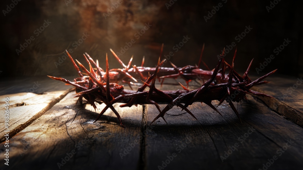 Symbolic Crown of Thorns on Rustic Background Symbolic Crown of Thorns on Rustic Background