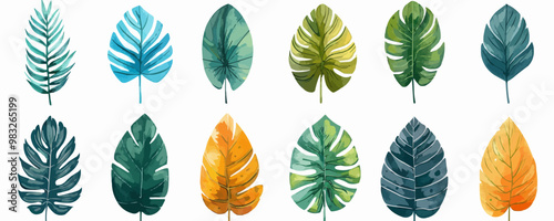 Abstract set of tropical leaves isolated on white background. Hand drawn illustration collection.