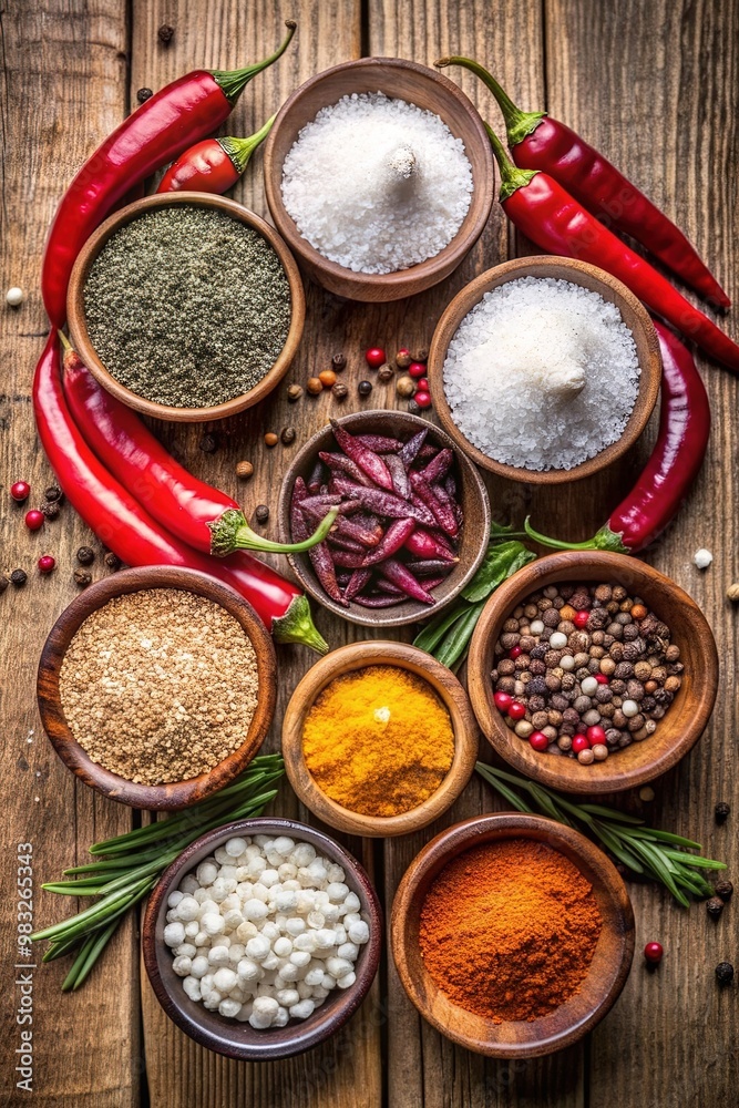 Aromatic Assortment of Spices and Herbs for Culinary Delights a variety of spices and herbs arranged on a dark, circular stone surface. Small bowls contain ingredients Various spices and herbs in bowl Aromatic Assortment of Spices and Herbs for Culinary Delights a variety of spices and herbs arranged on a dark, circular stone surface. Small bowls contain ingredients Various spices and herbs in bowl