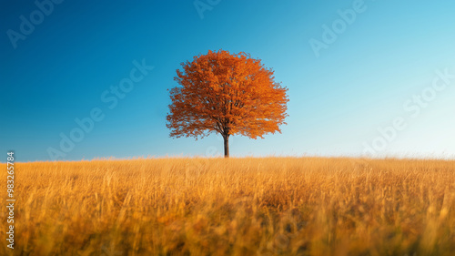 Lonely autumn tree in a golden field at sunset.