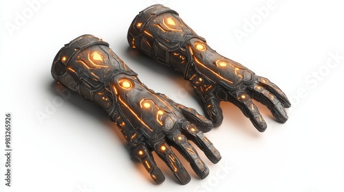 Mystical Enchanted Gauntlets with Glowing Runes in 3D Rendering against a White Background photo