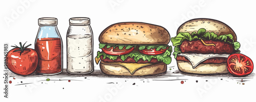 Hand drawn vector bread burger illustration with meatloaf tomato vegetarian dish, white background, delicious food for lunch and dinner, fast food ar 5:3