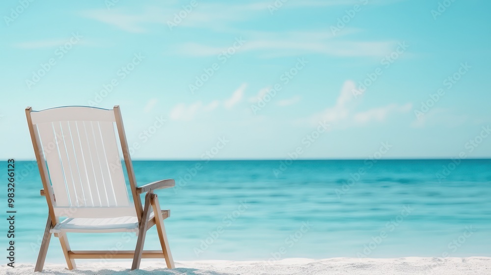 Lounge chair on sandy beach with vibrant blue ocean view. Lounge chair on sandy beach with vibrant blue ocean view.