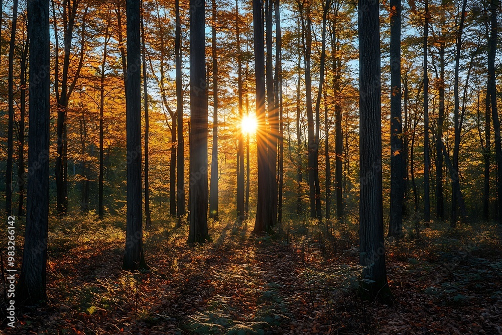 Golden Hour Sunbeams in a Deciduous Forest