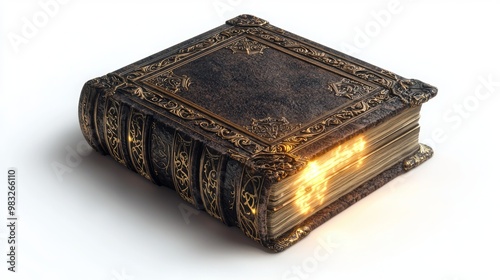 Glowing Ancient Tome with Ornate Cover in 3D Render Against White Background