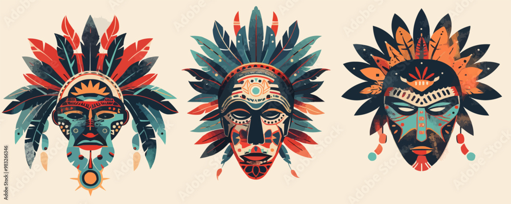 Fototapeta premium Set of African Tribal Masks, Tribal Masks vector illustration