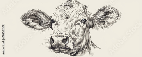 Farm cow head sketch hand drawn line art engraving Vector illustration