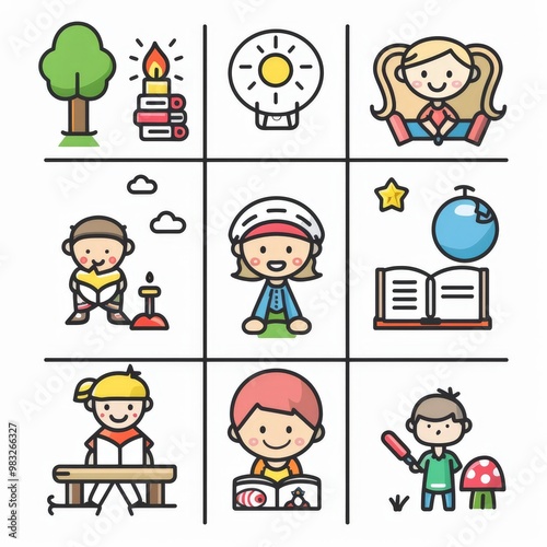 Professional And Minimalist Icons, Kids Activities, Lineal color, line art, flat, 2d, black and white, white background