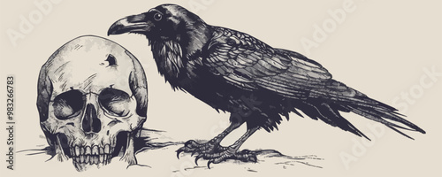 Raven sitting on a human skull hand drawn sketch in doodle style. vector simple illustration