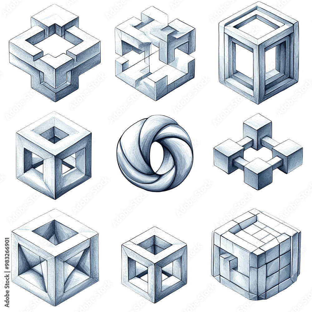 3D geometric shapes forming cubes and spirals abstract art transparent background 3D geometric shapes forming cubes and spirals abstract art transparent background