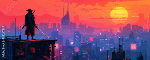 futuristic samurai standing on a building in cyberpunk city. vector simple illustration