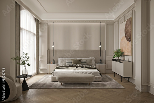 3d render of luxury hotel room, bedroom