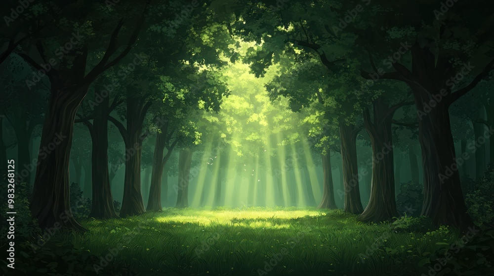 Obraz premium Sunlight filtering through trees in a tranquil forest scene.