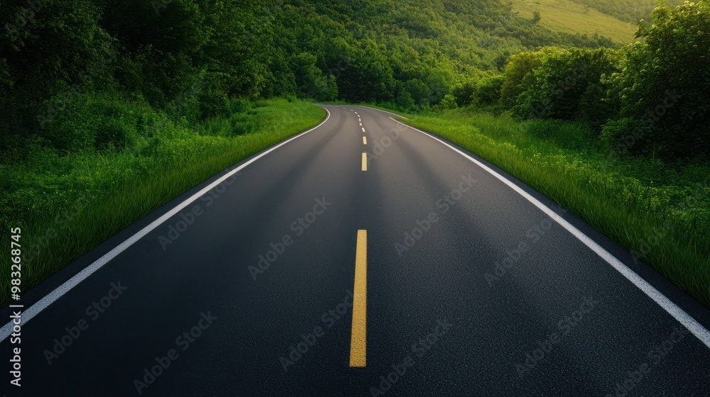 Winding road through lush green countryside, landscape view Winding road through lush green countryside, landscape view