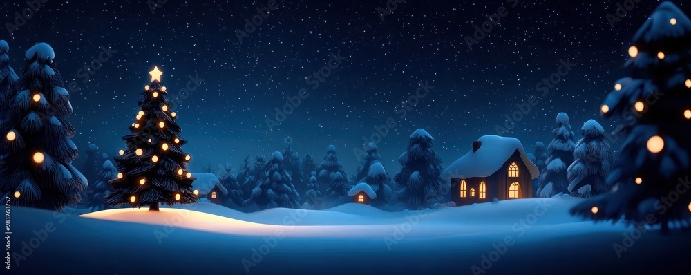 Naklejka premium Winter night landscape with Christmas tree and glowing house.