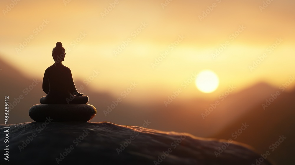 Buddha statue silhouette at sunrise over mountains Buddha statue silhouette at sunrise over mountains