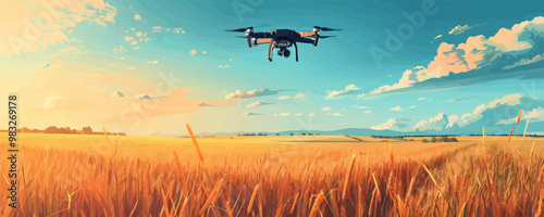 Drone flies in the sky over rice and wheat fields. vector simple illustration