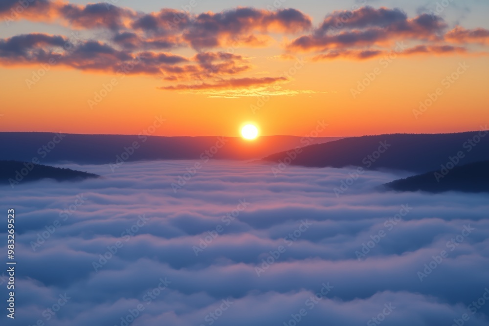 A serene sunrise over a fog-covered valley, with golden light breaking through and mountain ridges in the distance A serene sunrise over a fog-covered valley, with golden light breaking through and mountain ridges in the distance