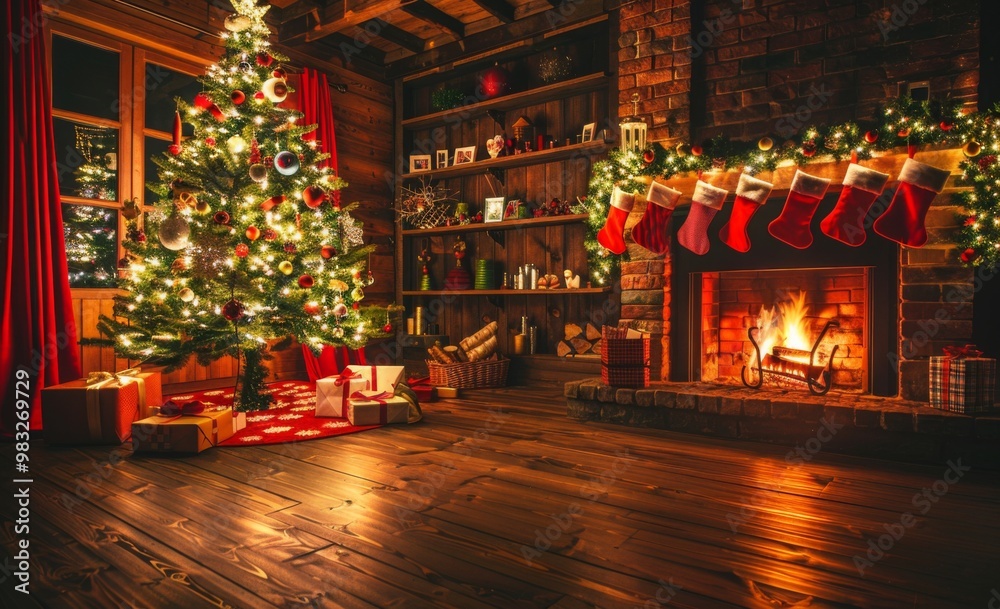 interior christmas. magic glowing tree, fireplace, gifts in dark interior christmas. magic glowing tree, fireplace, gifts in dark