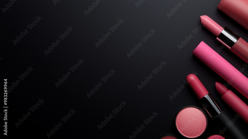 Cosmetic products arranged on a black background. Cosmetic products arranged on a black background.