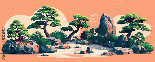 A tranquil Zen garden with raked sand, serene rock formations, and bonsai trees. Vector flat minimalistic isolated illustration.
