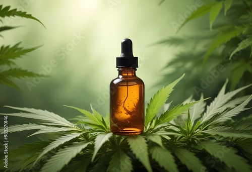 Organic Cannabis Oil Bottles in Nature - Natural CBD Oil for Health and Wellness, Herbal Extract with Hemp Leaves