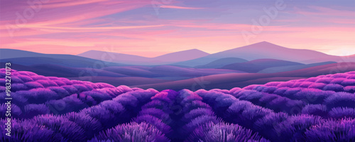 Lavender fields filling the air with aroma and soft violet hues. Digital art style vector flat minimalistic isolated illustration.