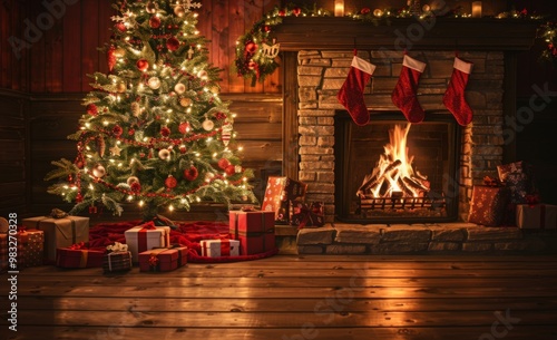 interior christmas. magic glowing tree, fireplace, gifts in dark