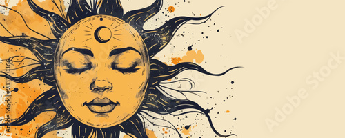 Hand drawn sun with face, decor element. vector simple illustration