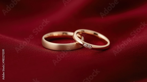 Elegant gold wedding rings on a rich red fabric background