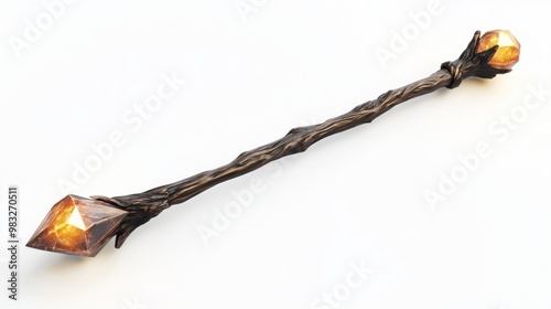 Mystical 3D Wizard's Staff with Glowing Crystal on White Background