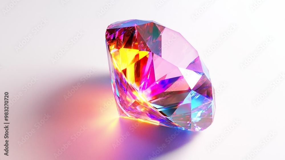 Shimmering 3D Magical Gemstone with Radiant Light Tilted at 45 Degrees on White Background Shimmering 3D Magical Gemstone with Radiant Light Tilted at 45 Degrees on White Background