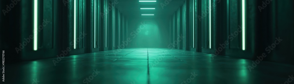 Futuristic hallway with glowing green lights and fog.