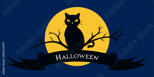 Un gato negro está sentado en la rama de un árbol, con la luna llena detrás y la palabra "Halloween" escrita en una pancarta negra. La escena es oscura y misteriosa. 