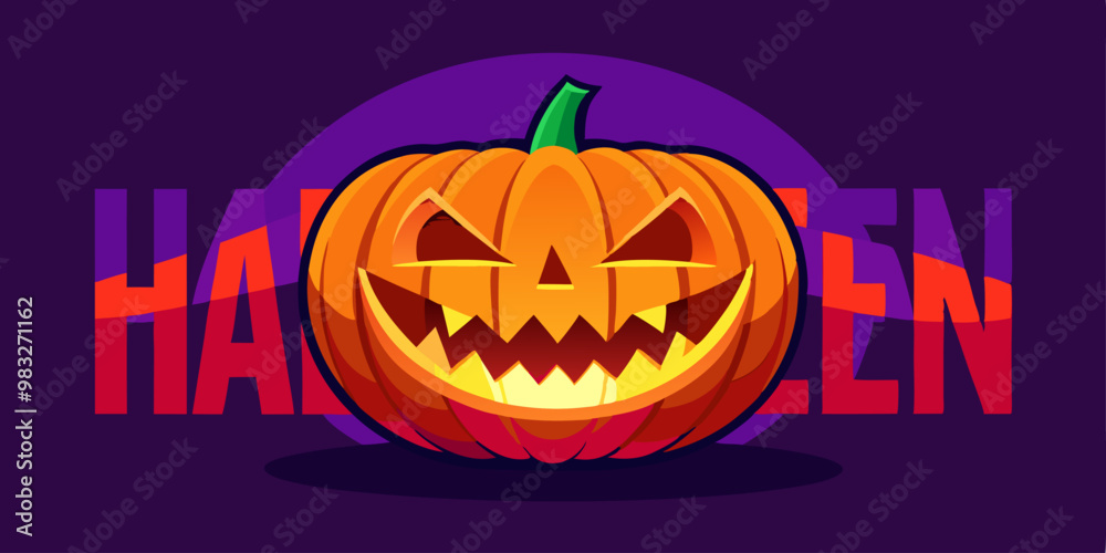 Una calabaza tallada con una expresión malvada y la palabra Una calabaza tallada con una expresión malvada y la palabra