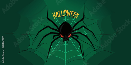 Un gran y amenazante araña negra con ojos rojos se encuentra en el centro de una telaraña verde, con la palabra "Halloween" en amarillo sobre su cabeza. El fondo oscuro resalta la figura. 