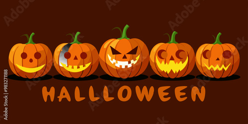 Cinco calabazas talladas con expresiones variadas están alineadas, con la palabra "Halloween" escrita debajo en color naranja. El fondo marrón oscuro complementa la escena festiva. 