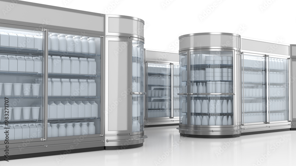 Commercial freezer display cabinet with blank dairy products. 3d illustration set on white background Commercial freezer display cabinet with blank dairy products. 3d illustration set on white background