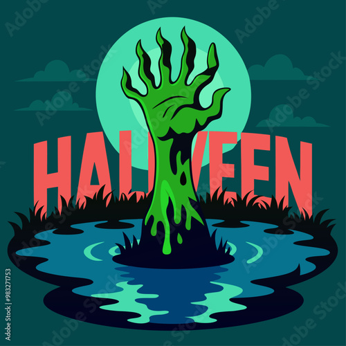 Mano verde y esquelética emerge de un charco bajo la luna llena, con la palabra "Halloween" en grandes letras. El ambiente oscuro y tétrico evoca el terror de la noche.