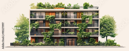 Stylish modern building with green plants on the facade. vector simple illustration